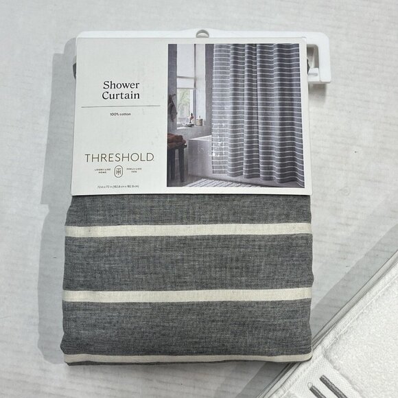 Threshold Cotton Striped Gray‎ Fabric Shower Curtain 2 Hand Towel Set - Picture 2 of 8